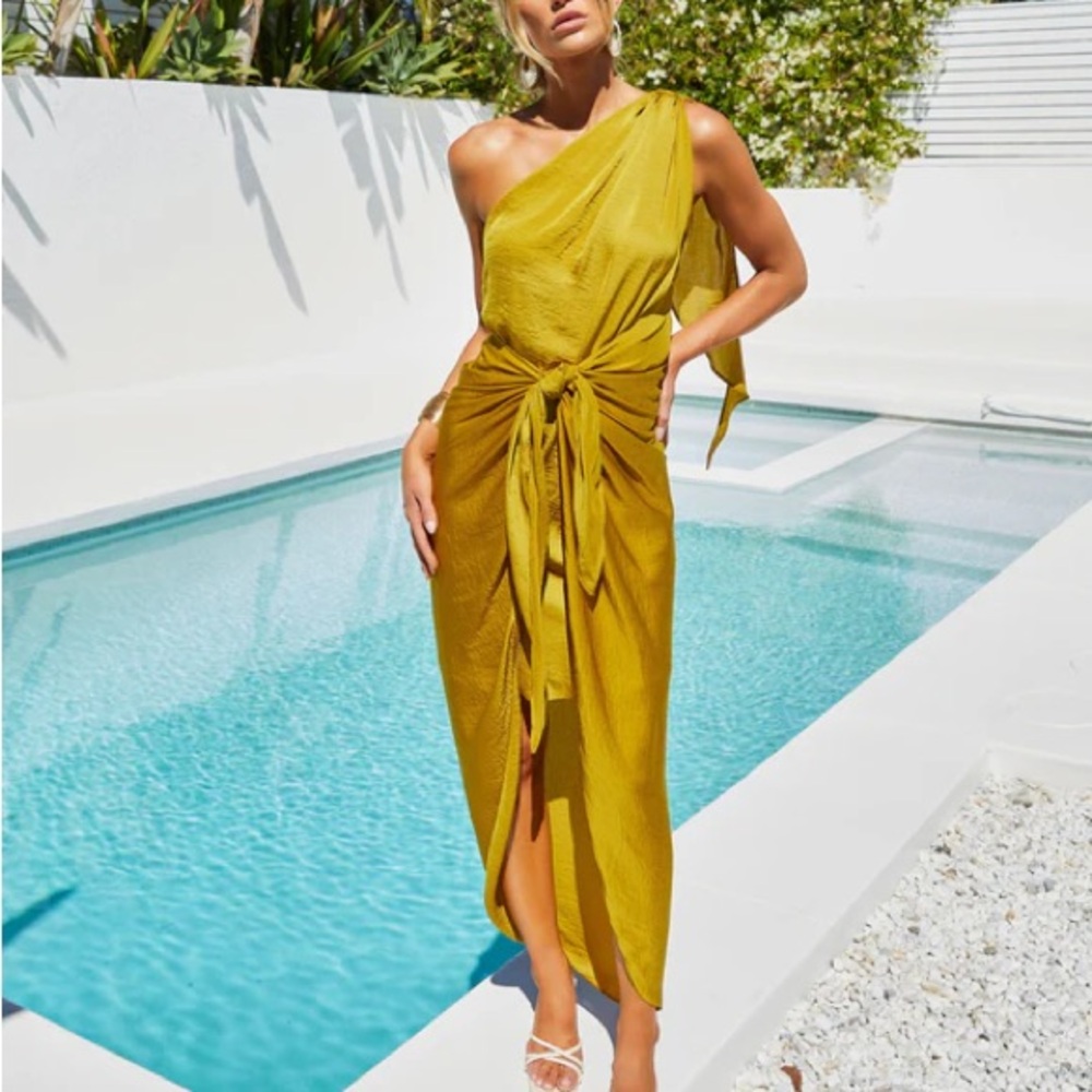 Farrah Front Tie One Shoulder Midi Dress - Chartreuse- Large- VICI Collection